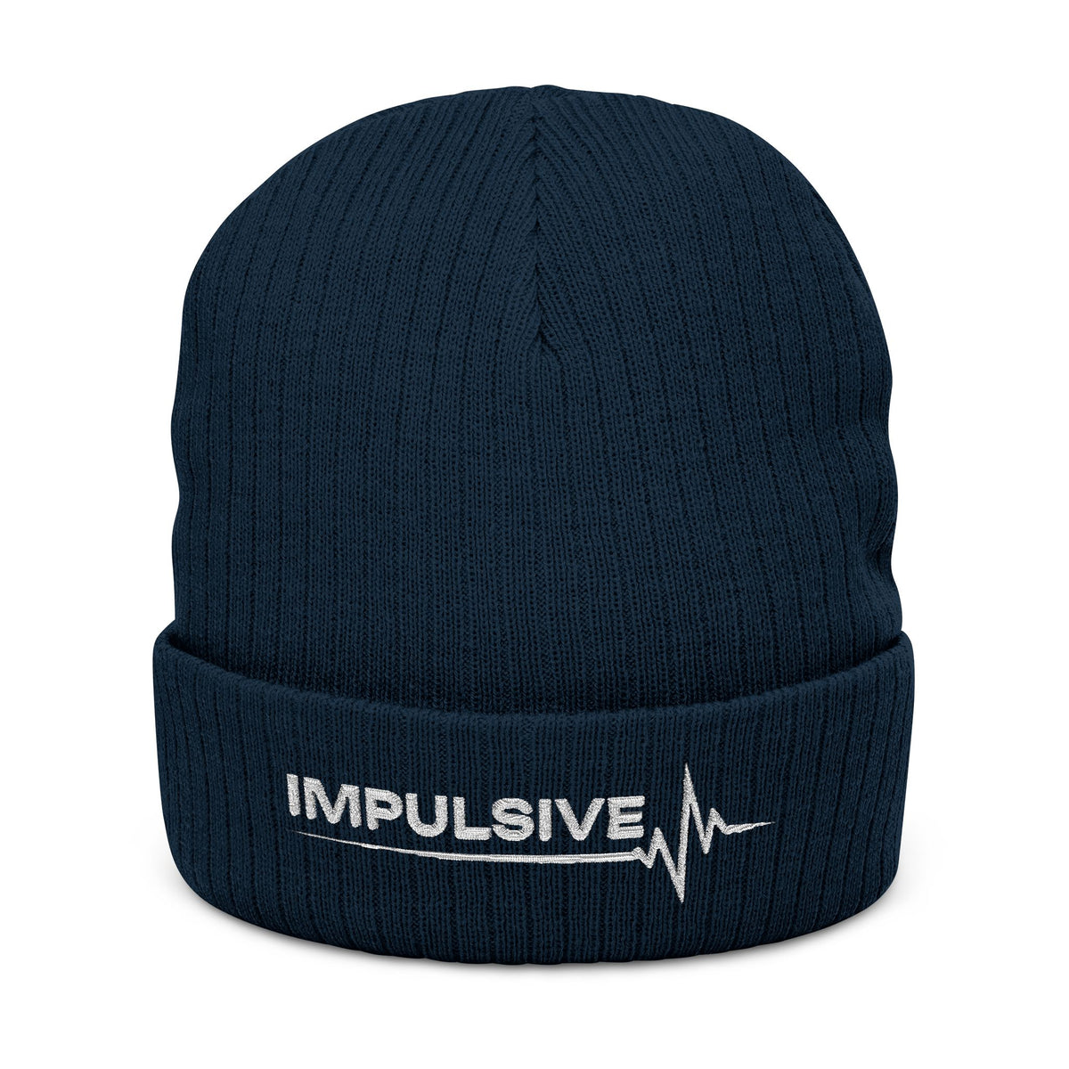 Embroidered 'IMPULSIVE' Ribbed Knit Beanie — Urban Pulse Fold-Over Winter Hat